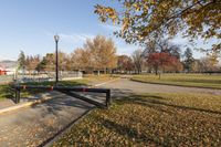 a park with a gate, with a street light in the background and a field with trees in autumn