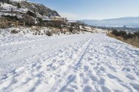 snow skiers on a snow covered road near a mountain with buildings and bushes on a hill