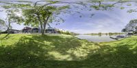 fish eye view of houses in a small lake area near green grass and trees in the foreground