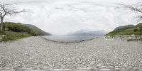 a paved road with some rocks near the lake and trees on the side of a mountain