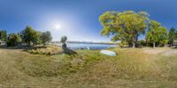 a blue canoe sits in the grass next to some trees and water on a sunny day