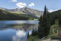 a large lake surrounded by some evergreen forest with a blue sky and white clouds above it