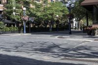 a lamp post next to a street sign near buildings and flowers in baskets along a sidewalk