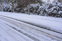 a person on skis riding along a snow covered road while on the ground are trees