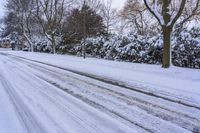 a person on skis riding along a snow covered road while on the ground are trees