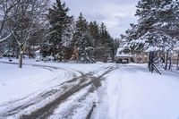 the road is littered with snow and pine trees near the road intersection at the end of the road