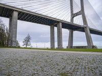 a large bridge spanning over a park with grass and brick sidewalking area below it