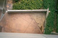 an outdoor area with various green plants and plants growing on the walls, looking down