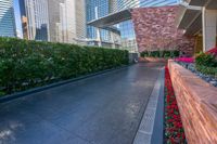 a walkway next to some tall buildings and red flowers in the foreground of it