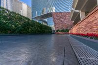 a walkway next to some tall buildings and red flowers in the foreground of it