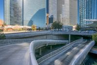 a curved walkway in front of a river in a city with tall buildings and tall trees