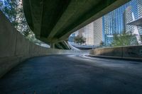 an overpass of a freeway in a city with tall buildings and blue sky in the background