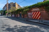 a empty street next to several tall brick buildings with green vines on it's side