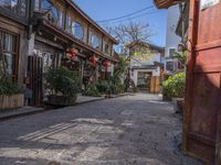 the street with pots is very narrow and beautiful, and is lined up all along with many buildings