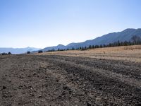 a dirt road through a dry field with mountains in the back ground behind it and some grass on the sides