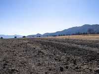 a dirt road through a dry field with mountains in the back ground behind it and some grass on the sides