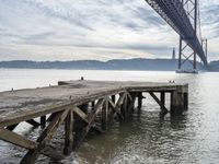 a dock in front of a large bridge over the water with birds sitting on it