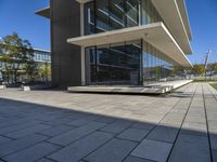 a walkway leads to the front facade of a glass and concrete building with benches and trees on either side