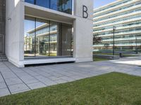 an empty walkway leads to the entrance of a building on which the exterior is glass