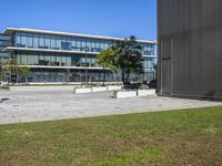 there is a skate board in the grass on a skateboard park surface in front of the building