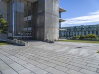 the courtyard features a few of small planters with plants sitting outside of it and grass, along side a building