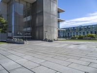 the courtyard features a few of small planters with plants sitting outside of it and grass, along side a building