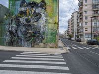 the mural is near two cars on the side of the road and buildings in the background