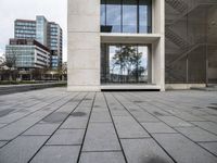 the building's exterior features a grey stone pattern on the outside, with windows, trees and benches surrounding