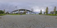 a long bridge is seen through the grass at the park by some trees while a man rides his bike on his skateboard