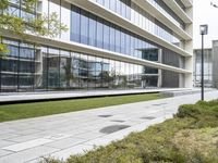 the sidewalk is lined with green grass and small shrubs outside of the building next to it