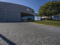 a stone patio with concrete circles on it's sides, and trees behind them