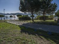 a path leads to a lake next to a few pine trees and a hill with mountains on the far side