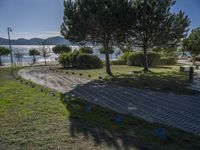 a path leads to a lake next to a few pine trees and a hill with mountains on the far side