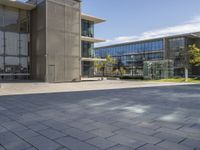 the square has a gray stone pathway in front of it and a tall glass building