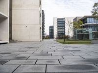 there is a sidewalk with lots of blocks in it between tall buildings and trees in the background