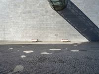 there are four small white benches in front of the building by the door and on the pavement