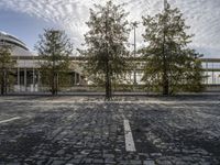 empty parking space, with trees and white building in the back ground and sky behind