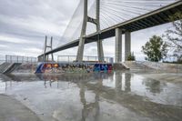 a skate park under a bridge with graffiti on it's wall and in the ground is a river