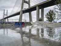 a bridge is shown behind some people on skateboards, while others watch him,