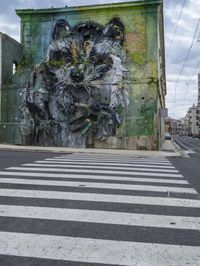 a picture of an interesting cat, in front of a wall and cross walk at the same time