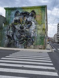 a picture of an interesting cat, in front of a wall and cross walk at the same time