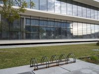 a woman stands in front of a large building with glass walls and trees in the grass