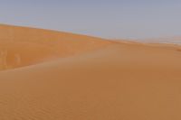 sand dune mounds rise in the background of a desert scene as two people walk down the side