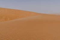 sand dune mounds rise in the background of a desert scene as two people walk down the side