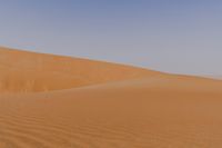 sand dune mounds rise in the background of a desert scene as two people walk down the side