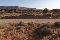 a dirt road leading through a desert with mountains in the distance and shrubs on the ground