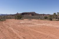 an empty dirt road in a rocky desert valley with trees in front of it and mountains in the back ground