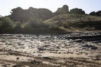 the sandy landscape has some rocks and grass on it and is very bright blue in the morning