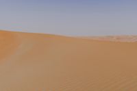 a desert with a lone horse and some sand dunes and blue sky in the background