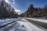 a lonely road that is surrounded by tall trees and snow covered branches along the sides